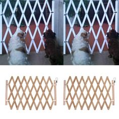 two pictures of a dog looking through a gate at another dog behind the fence,