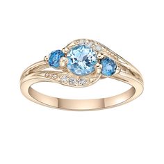 Add a touch of color to your elegant style with this blue, London blue and white topaz ring. Add a touch of color to your elegant style with this blue, London blue and white topaz ring.  Nickel free Metal: sterling silver Packaging: boxed Plating: 14k gold Width: 9 mm Finish: polishedSTONE DETAILS Stone type: blue topaz, London blue topaz, white topaz Total weight: 1 ct. Center stone weight: 1/2 ct. Center stone size: 5 mm x 5 mm Shape: round Setting: prong Gemstones may have been treated to enh Cute Promise Rings, Wedding Room, London Blue Topaz, Blue Topaz Ring, London Blue, Topaz Ring, Silver Blue, White Topaz, Womens Jewelry Rings