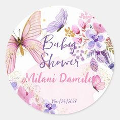 a pink and purple butterfly baby shower sticker