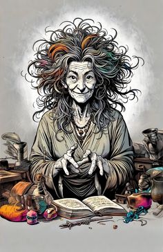 a drawing of a woman with long hair sitting in front of an open book and surrounded by other objects