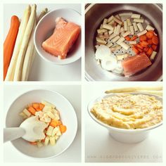 four pictures showing different types of food including carrots, celery, and fish