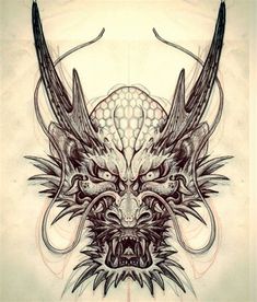 a drawing of a demon head with horns