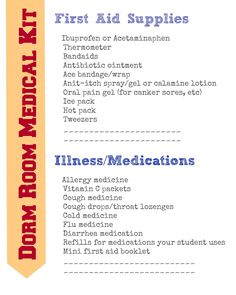 FREE printable list of what to include in a first aid kit - great for college dorm room, classroom or car trips! First Aid Kit List, Diy First Aid Kit, Medicine Kit, College Checklist, Allergy Medicine, Cough Medicine, Cold Medicine, College Care Package, College Essentials