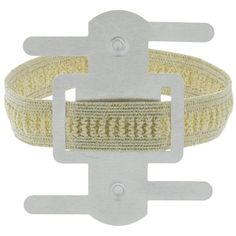 a white and yellow bracelet with two metal buckles on top of each other's sides