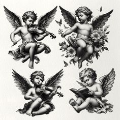 four cherubs with flowers and music instruments on their backs, one playing the violin