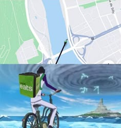 a person riding a bike with a box on it's back in front of a map