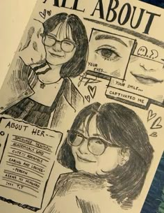 a drawing of two women with glasses and the words all about them on paper next to each other