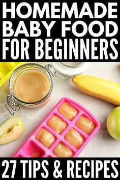 homemade baby food for beginners that includes apples, bananas and peanut butter in containers