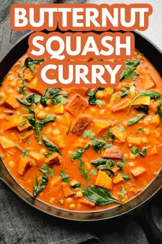 butternut squash curry in a skillet with the words butternut squash curry above it