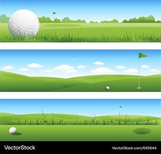 three golf banners with green grass and white ball