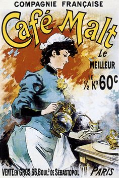 an advertisement for cafe malt with a woman in blue dress holding a teapot