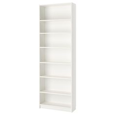 a white bookcase with four shelves on each side