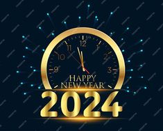 a happy new year clock with the date in gold on a dark background and blue dots