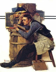 a painting of a man sitting on top of a wooden barrel next to a mirror