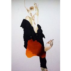 a painting of a woman in black and orange