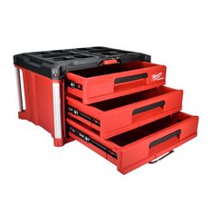 three red tool boxes stacked on top of each other