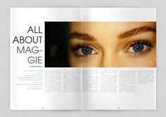 an open magazine with a woman's face and blue eyes