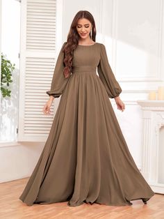 #color_Mocha Bridesmaid Dresses Long Sleeve, Party Silhouette, Dress Elegantly, Long Sleeve Chiffon Dress, Simple Frocks, Beautiful Long Dresses, Dress Sleeves, Floor Length Chiffon Bridesmaid Dresses, Modest Dresses Casual