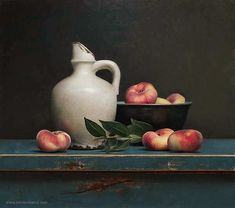 an oil painting of apples and a pitcher on a table