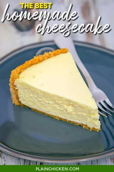 a piece of cheesecake on a black plate with a fork and the words, the best homemade cheesecake