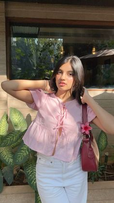 Pink Bow Top, Bow Tops For Women, Bow Top Outfit, Girly Summer Outfits Casual, Bow Tops Outfit, College Summer Outfit, Tops For Women Stylish, Desi Fashion Casual