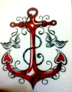 an anchor with birds and swirls on it is drawn in red ink by hand