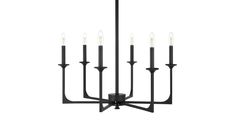 a black chandelier with six candles hanging from the bottom and four lights on each end