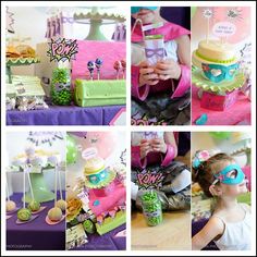 a collage of photos showing the various items used to decorate a birthday cake