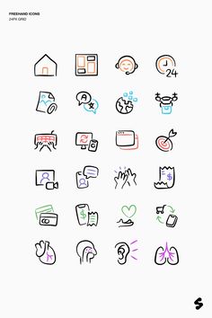 various hand drawn icons on white paper