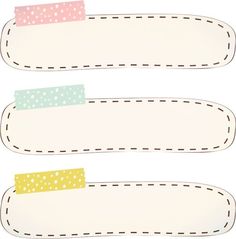 three different colored paper labels with white stitching and dots on them, each one has a line in the middle