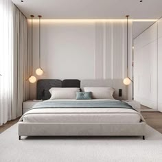 a modern bedroom with white walls and carpeted flooring, along with an upholstered bed