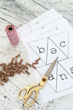 a pair of scissors next to some wood shavings on top of a table