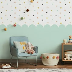 a child's room with polka dot wallpaper