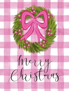 a pink and white checkered christmas card with a wreath on it's front