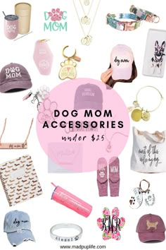 a collage of dog mom accessories including hats, necklaces and other personal items