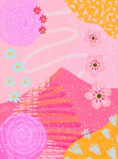 an abstract painting with pink, yellow and blue flowers in the sky above it is a mountain