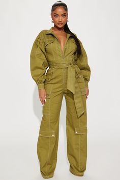 Available In Olive. Jumpsuit Long Sleeve Collar Front Zipper Faux Buttons Cargo Tie Waist Wide Leg Non Stretch Inseam = 34" 65% Cotton 34% Polyester 1% Elastane Imported | Prove You Wrong Jumpsuit in Olive Green size 3X by Fashion Nova Olive Jumpsuit, Jumpsuit Long Sleeve, Cargo Jumpsuit, Jumpsuit Long, Vegan Leather Handbag, Fashion Nova Pants, Long Jumpsuits, Jumpsuit Fashion, Mens Activewear