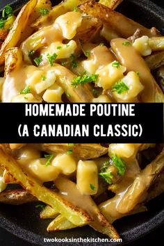 homemade poutine in a cast iron skillet with text overlay