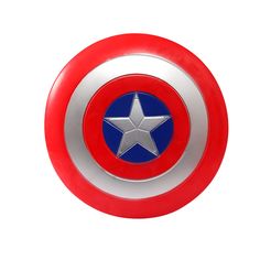 the captain's shield is red, white and blue with a silver star on it