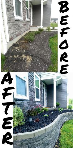 the before and after pictures of landscaping in front of a house