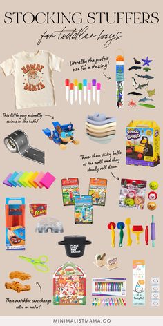 a poster with different types of toys and items on it's back side, including t - shirts