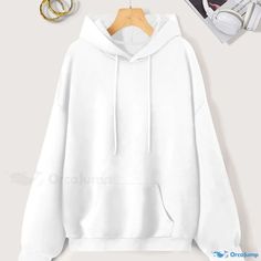 Orcajump - Simple Drawstring Loose Hoodie, Casual Hooded Pocket Fashion Long Sleeve Sweatshirt, Women's Clothing Casual Solid Color Hoodie, Fleece Hoodie With Drawstring, Casual Fleece Sweatshirt With Drawstring, White Hoodie Sweatshirt With Drawstring, White Drawstring Sweatshirt For Fall, Casual White Hoodie With Drawstring, Winter Solid Color Sweatshirt With Drawstring Hood, White Drawstring Sweatshirt For Winter, Winter White Sweatshirt With Drawstring