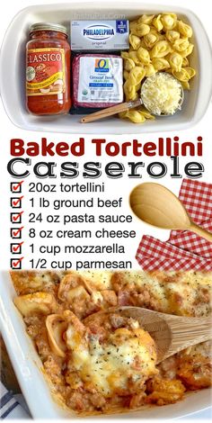 the recipe for baked tortelli casserole is shown in an image above