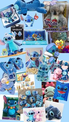 there are many different stuffed animals in this collage, including one blue and one pink