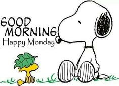 a snoopy dog sitting on the ground next to a cartoon character that says good morning happy monday