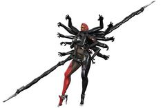 a woman dressed in black and red with arms outstretched, holding two large metal swords