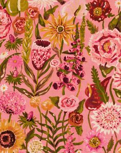 a pink background with lots of flowers and green leaves on the bottom half of it