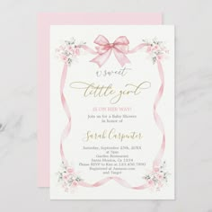 Baby Shower Girl with bow Invitation, pink ribbon baby girl invite Bow Baby Shower Invitation, Baby Shower Bows Theme, Pink Bows Baby Shower, February Baby Shower Themes, Cinderella Baby Shower, Handmade Baby Shower Invitations, February Baby Showers, Girl Baby Shower Invitations