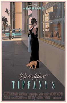 an advertisement for breakfast at tiffany's with a woman in black dress and cat