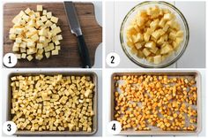 four pictures showing how to cut potatoes in different ways